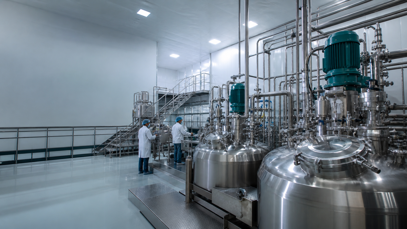 Wide interior view of the Dermatroxx cosmetic manufacturing facility with stainless-steel production equipment.