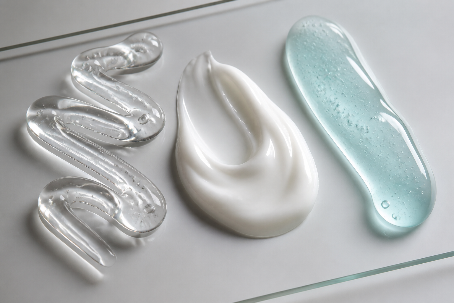 Macro photograph of skincare formulation textures on a laboratory glass surface.