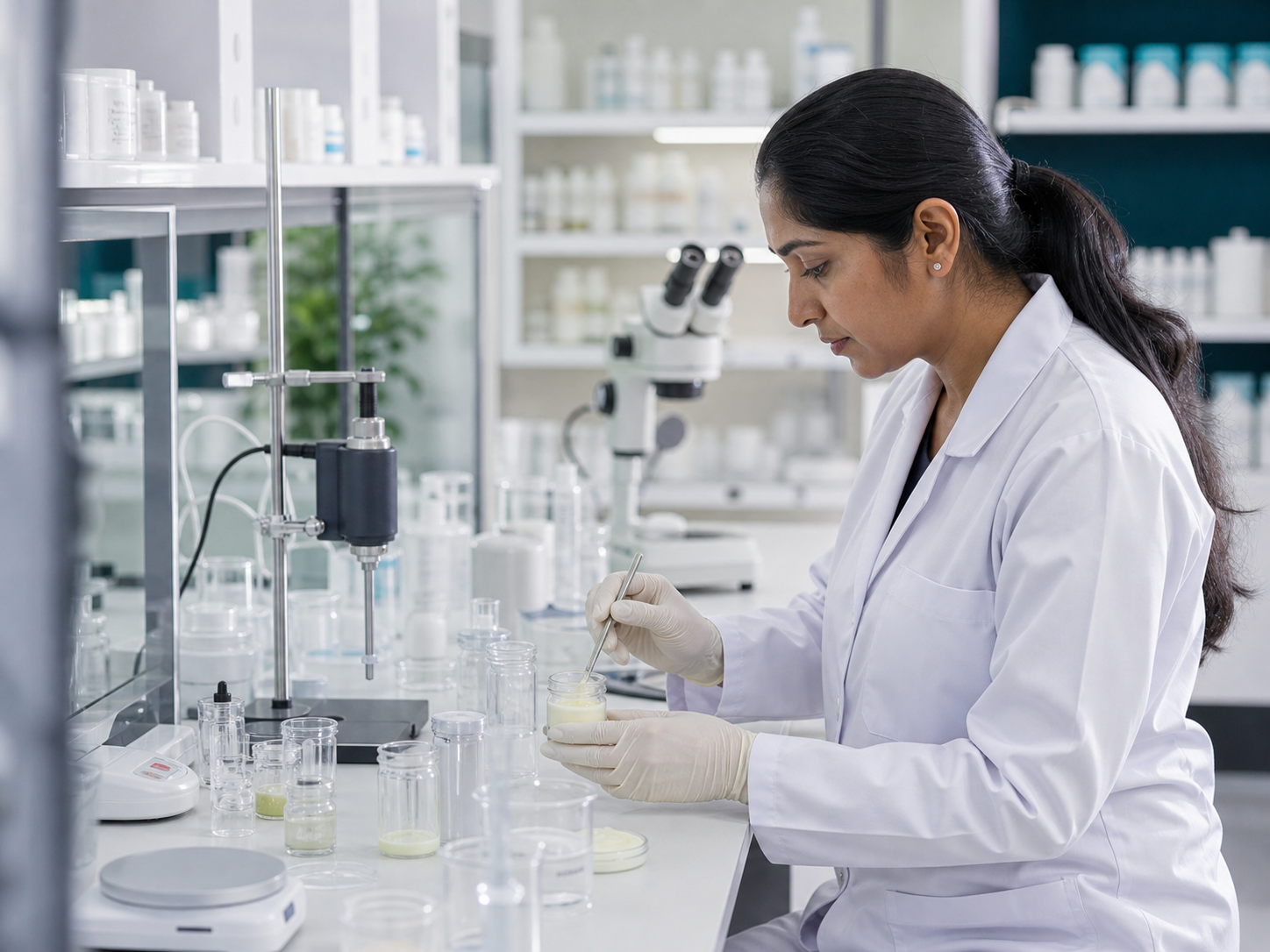 Dermatroxx formulation scientist examining a cosmetic sample in a controlled laboratory.